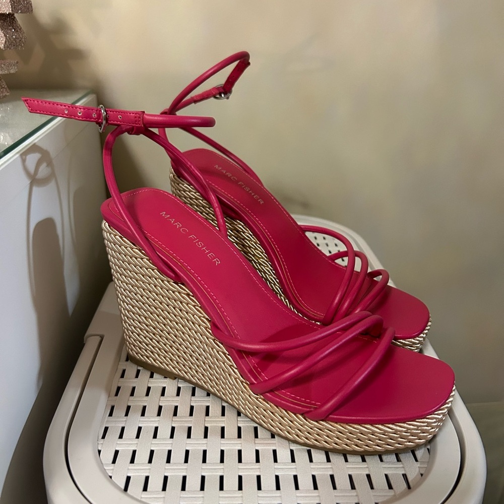 Marc Fisher Fuchsia and Tan Wedge Sandals